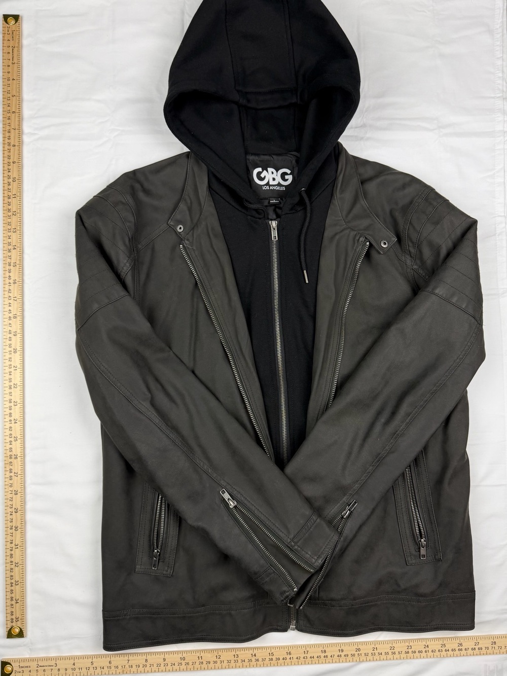 GBG Los Angeles Green/Black Layered-Look Hooded Leather Jacket